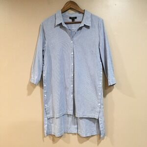Alison Sheri Striped Button Down Midi Shirt Dress Women M Blue Coastal‎ Classic